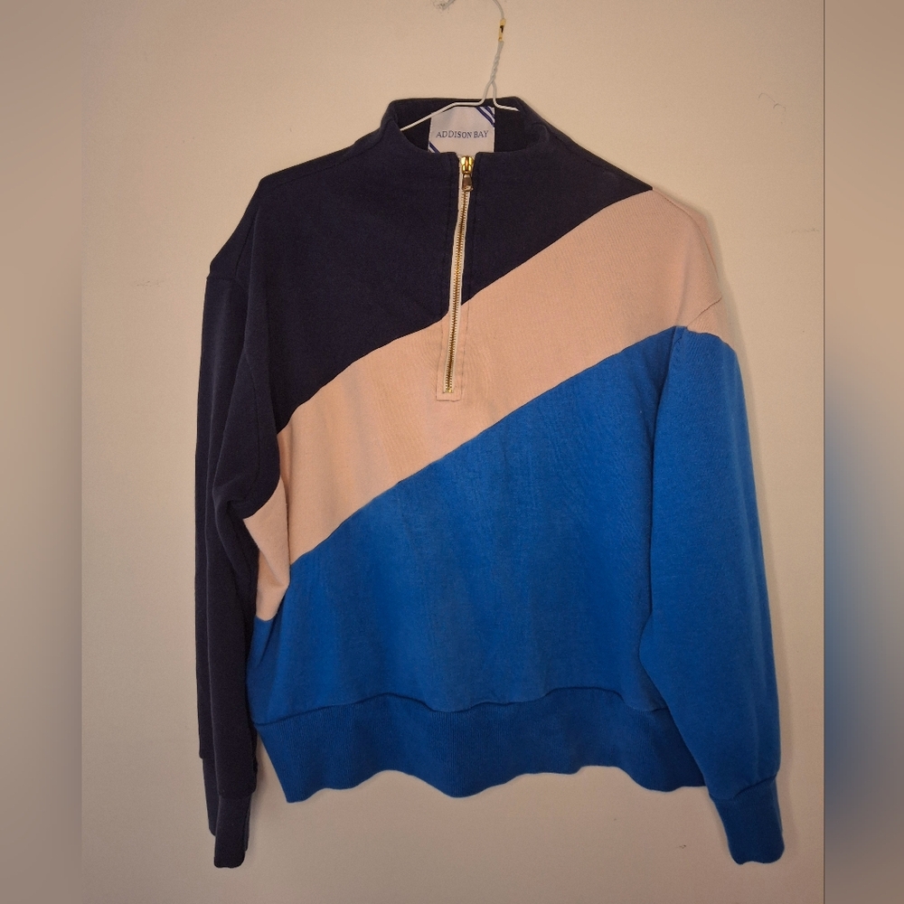 Blue and pink striped pullover sweatshirt. Addison Bay XL